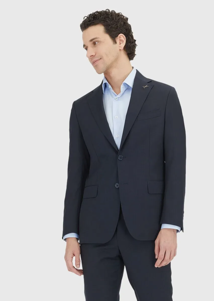 Dark Navyblue Striped Zeroweight Slim Fit 100% Wool Suit - 1