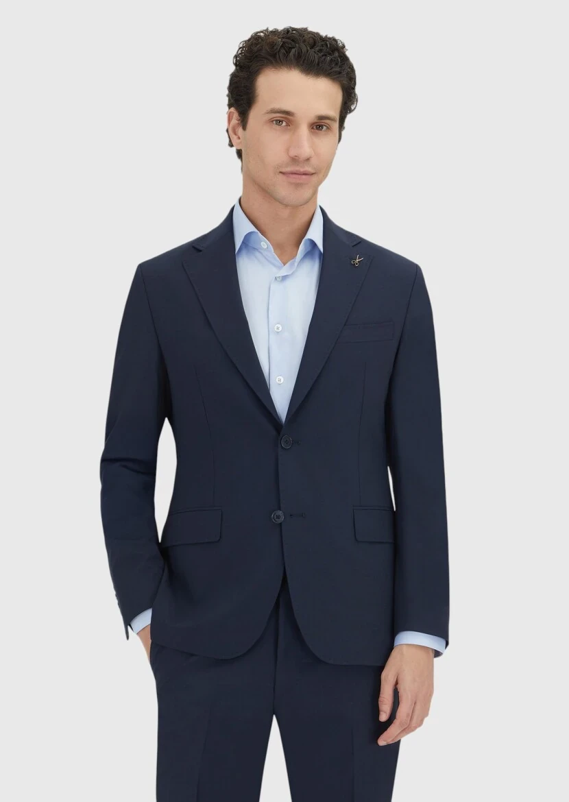 Dark Navyblue Striped Zeroweight Slim Fit Wool Blended Suit - 1