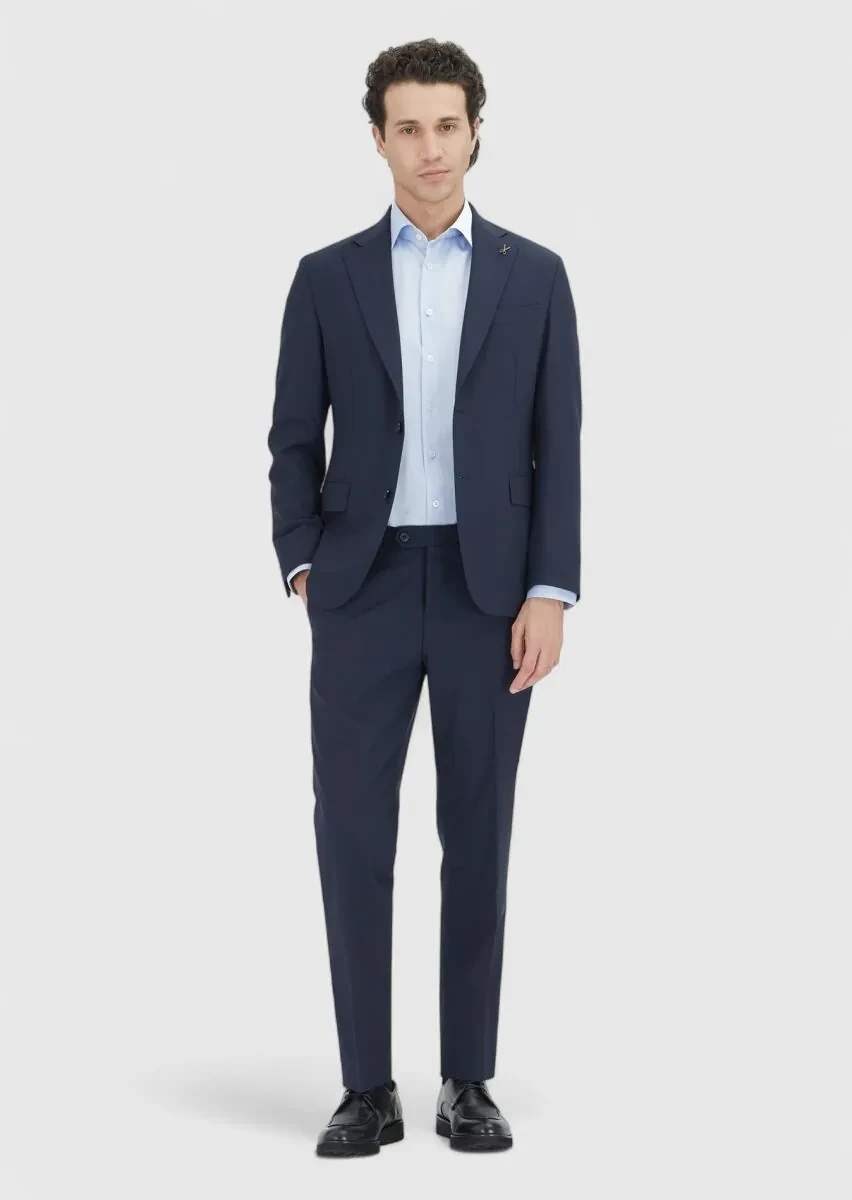 Dark Navyblue Striped Zeroweight Slim Fit Wool Blended Suit - 3