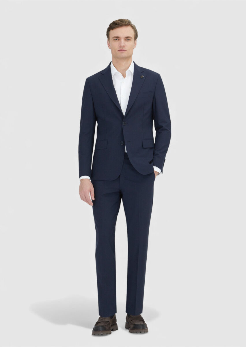 Dark Navyblue Striped Zeroweight Slim Fit Wool Blended Suit - 1