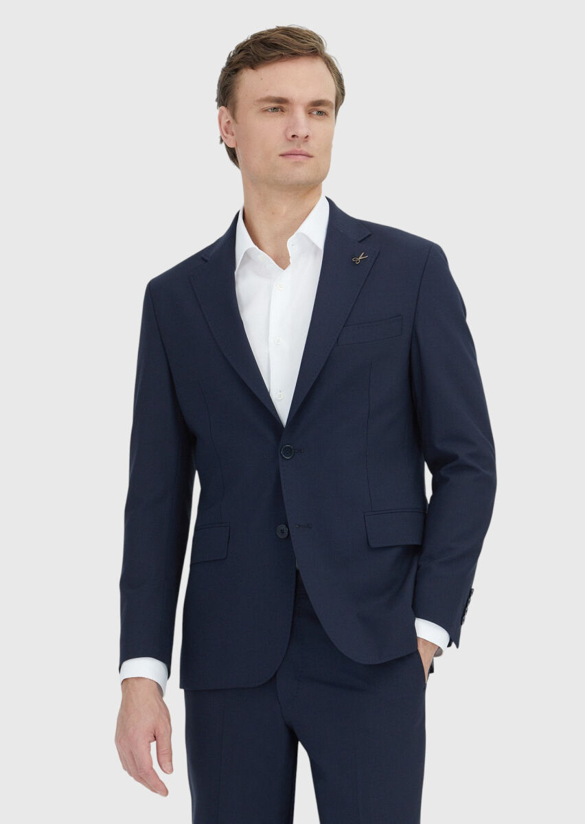 Dark Navyblue Striped Zeroweight Slim Fit Wool Blended Suit - 2