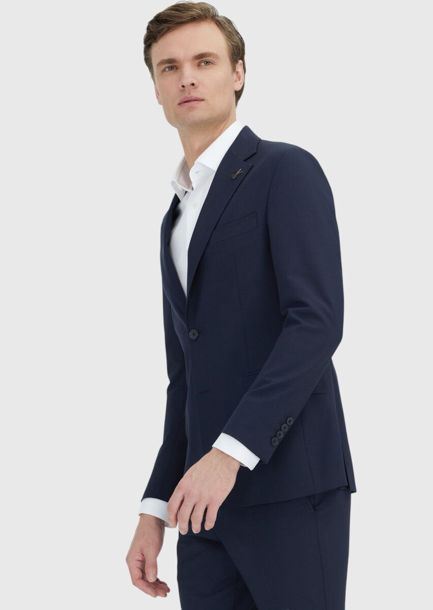 Dark Navyblue Striped Zeroweight Slim Fit Wool Blended Suit - 4