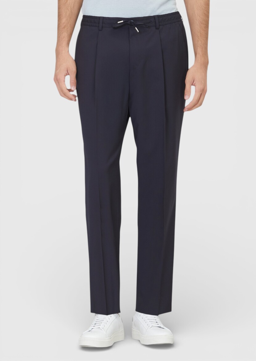 Dark Navyblue Weaving Jogging Fit Casual Wool Blended Trousers 