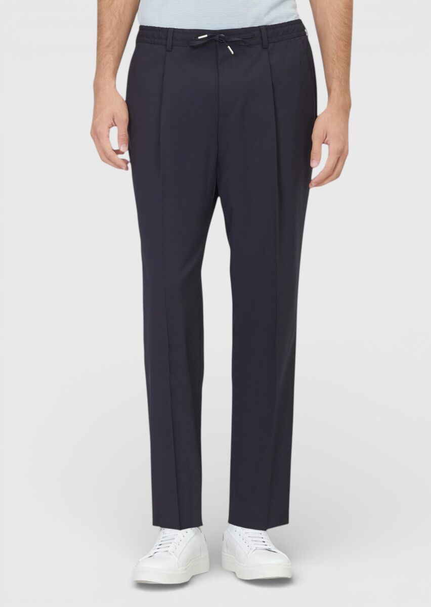 Dark Navyblue Weaving Jogging Fit Casual Wool Blended Trousers - 2