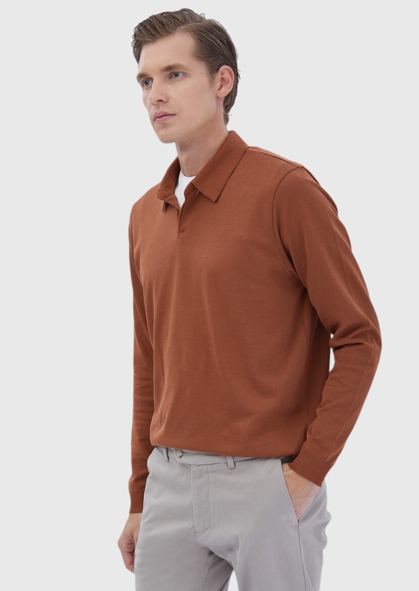 Dark Orange Polo Neck Plain Sweatshirt 