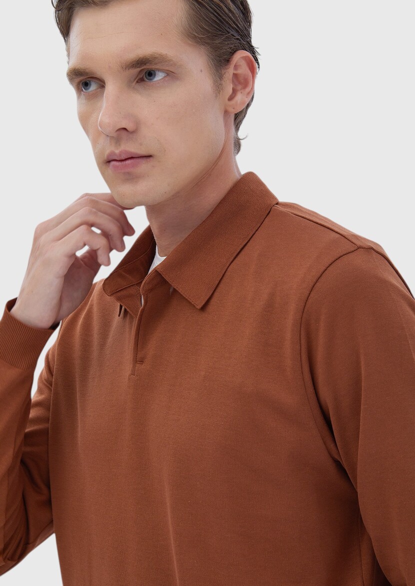 Dark Orange Polo Neck Plain Sweatshirt - 3