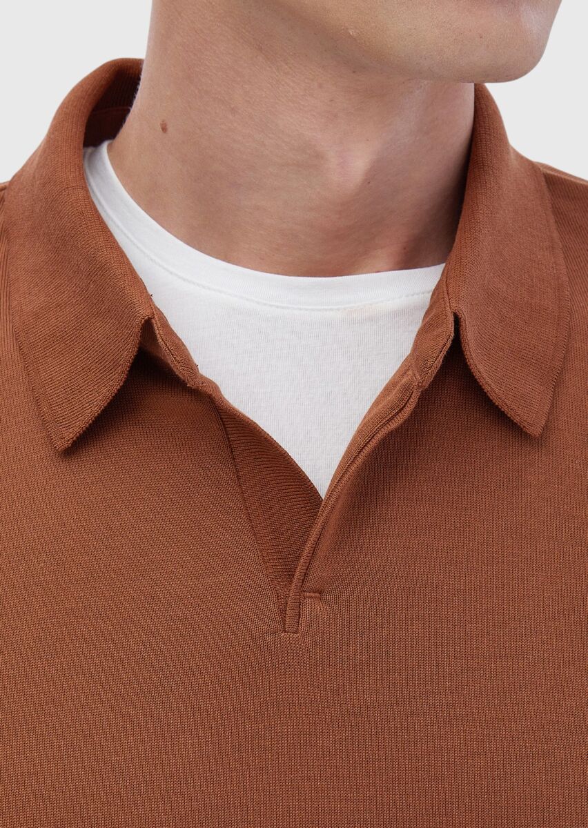 Dark Orange Polo Neck Plain Sweatshirt - 4