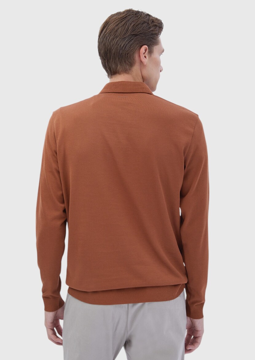 Dark Orange Polo Neck Plain Sweatshirt - 6