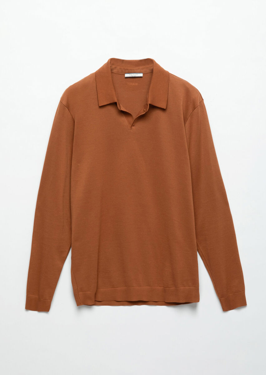 Dark Orange Polo Neck Plain Sweatshirt - 7