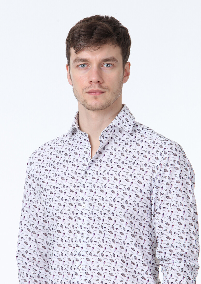 Dark Purple Printed Regular Fit Long Weaving Casual 100% Cotton Shirt - 3