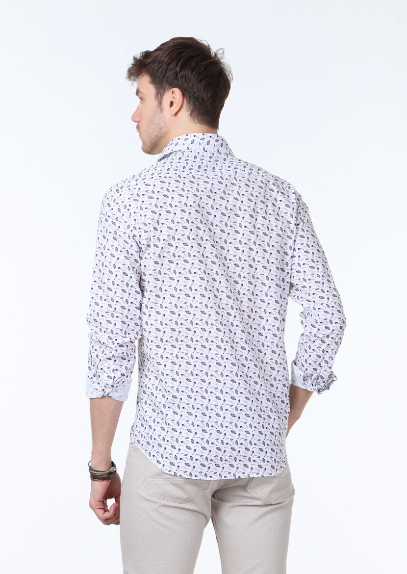 Dark Purple Printed Regular Fit Long Weaving Casual 100% Cotton Shirt - 4