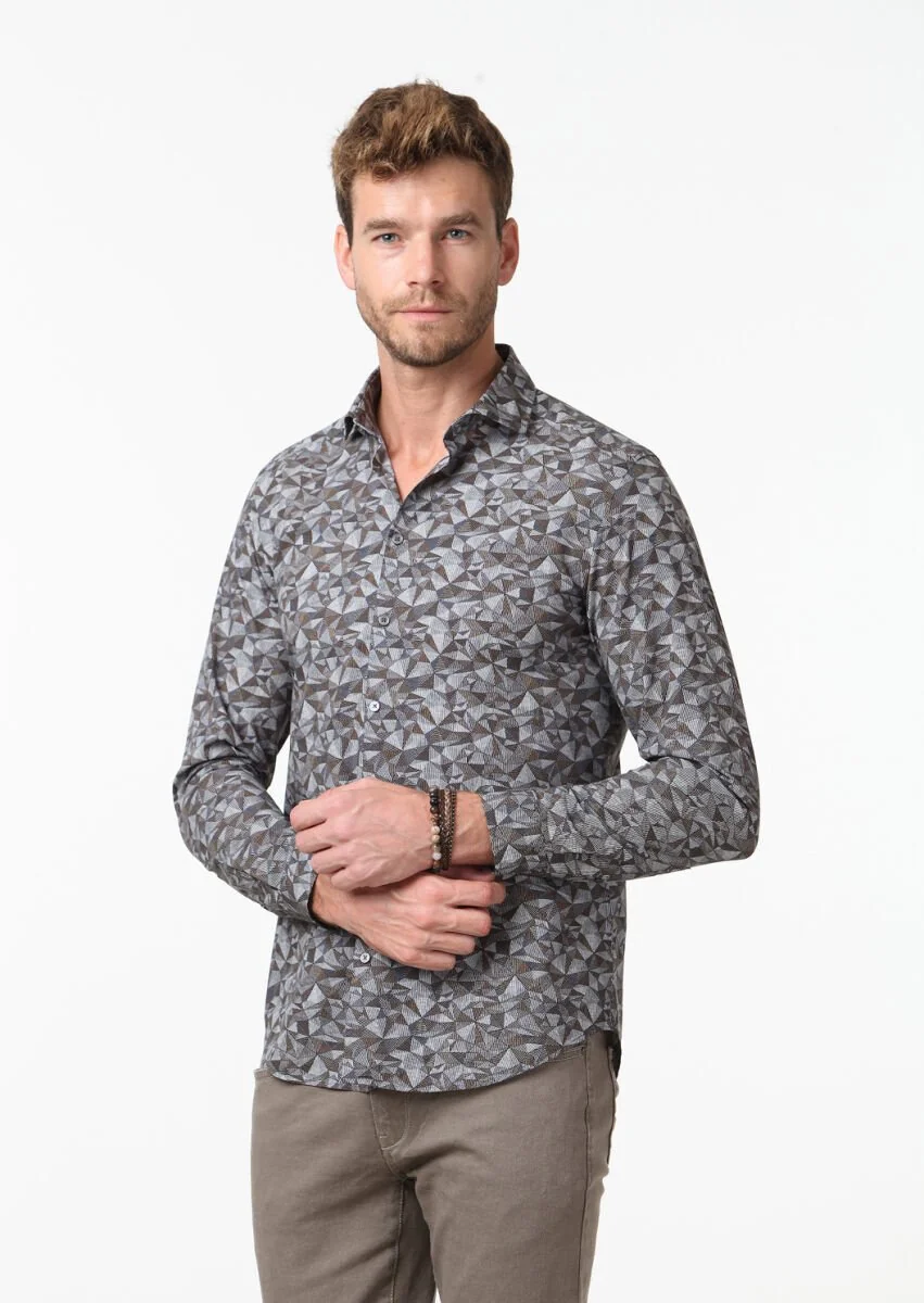 Deve Tüyü Baskılı Fitted Fit Dokuma Casual %100 Pamuk Gömlek - 1