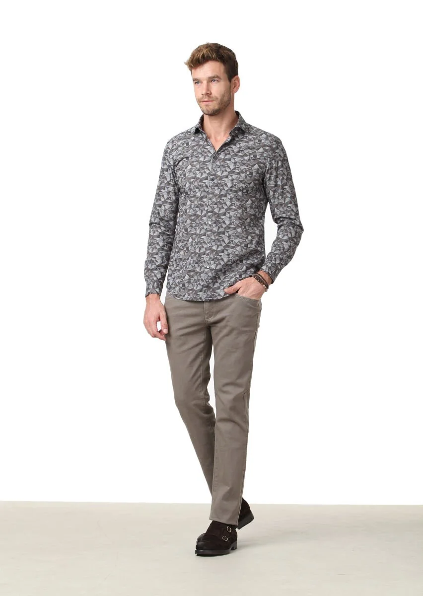 Deve Tüyü Baskılı Fitted Fit Dokuma Casual %100 Pamuk Gömlek - 2