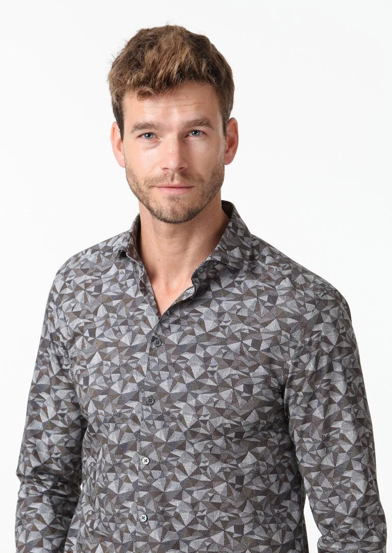 Deve Tüyü Baskılı Fitted Fit Dokuma Casual %100 Pamuk Gömlek - 3