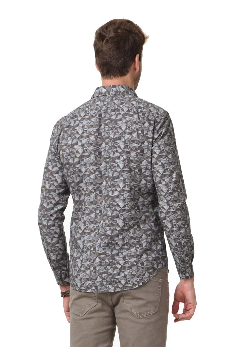 Deve Tüyü Baskılı Fitted Fit Dokuma Casual %100 Pamuk Gömlek - 4