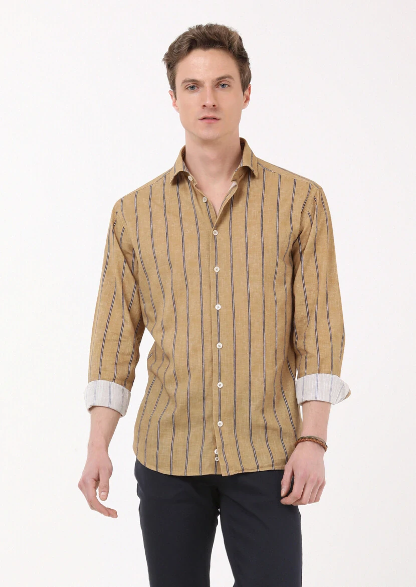 Deve Tüyü Baskılı Regular Fit Dokuma Casual %100 Pamuk Gömlek - 1