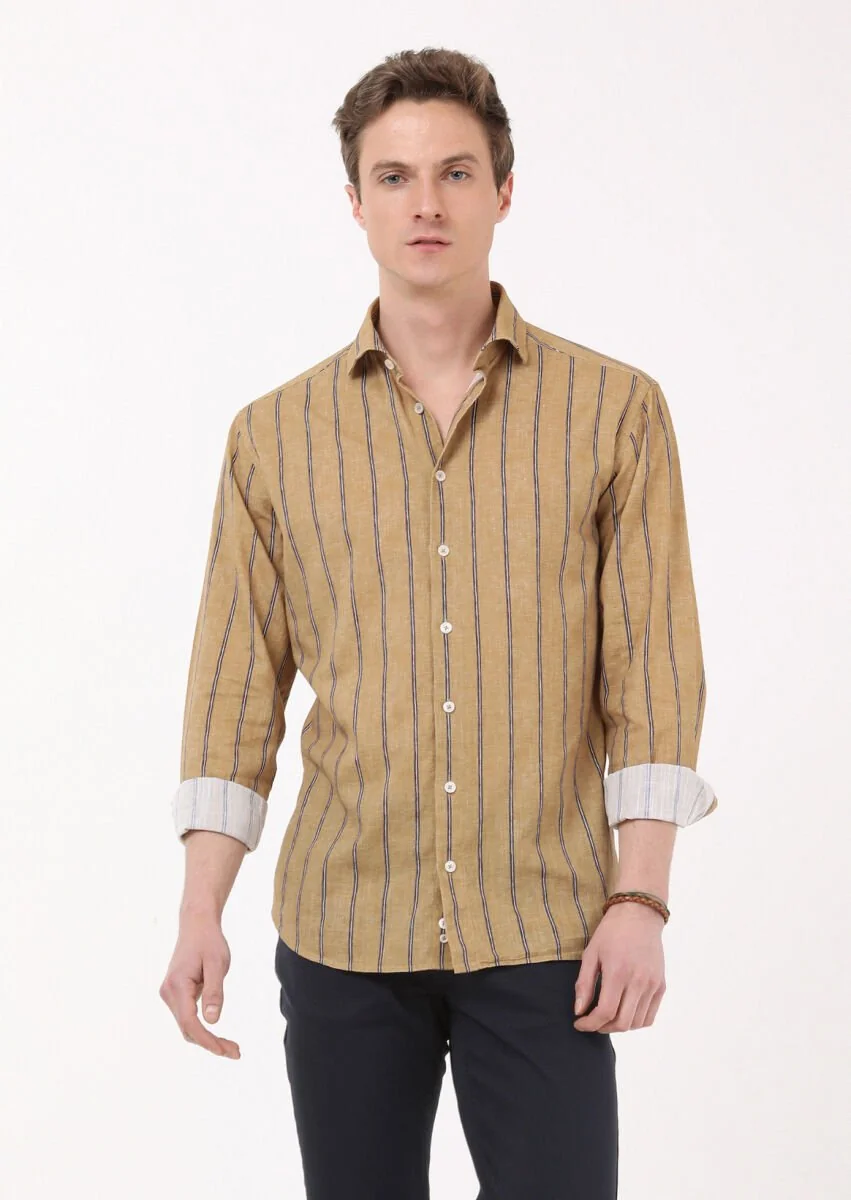 Deve Tüyü Baskılı Regular Fit Dokuma Casual %100 Pamuk Gömlek - 1