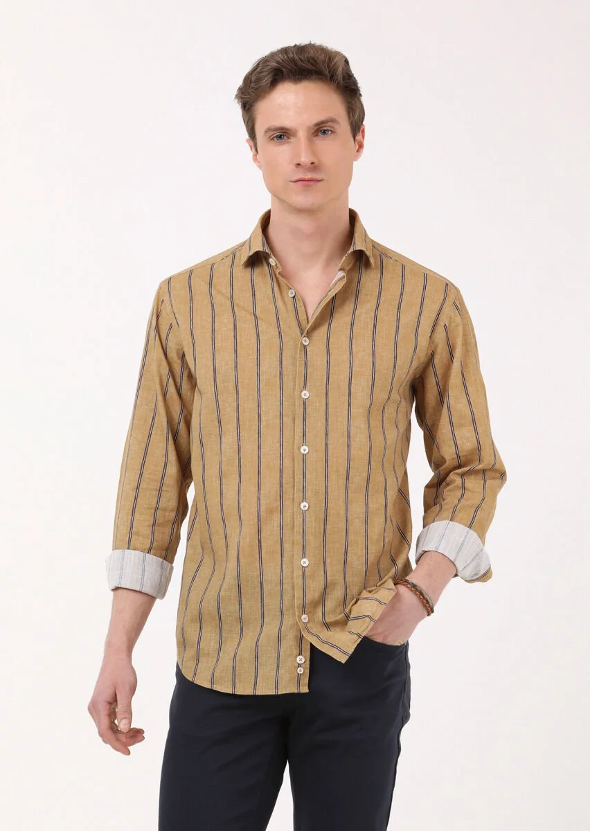 Deve Tüyü Baskılı Regular Fit Dokuma Casual %100 Pamuk Gömlek - 2