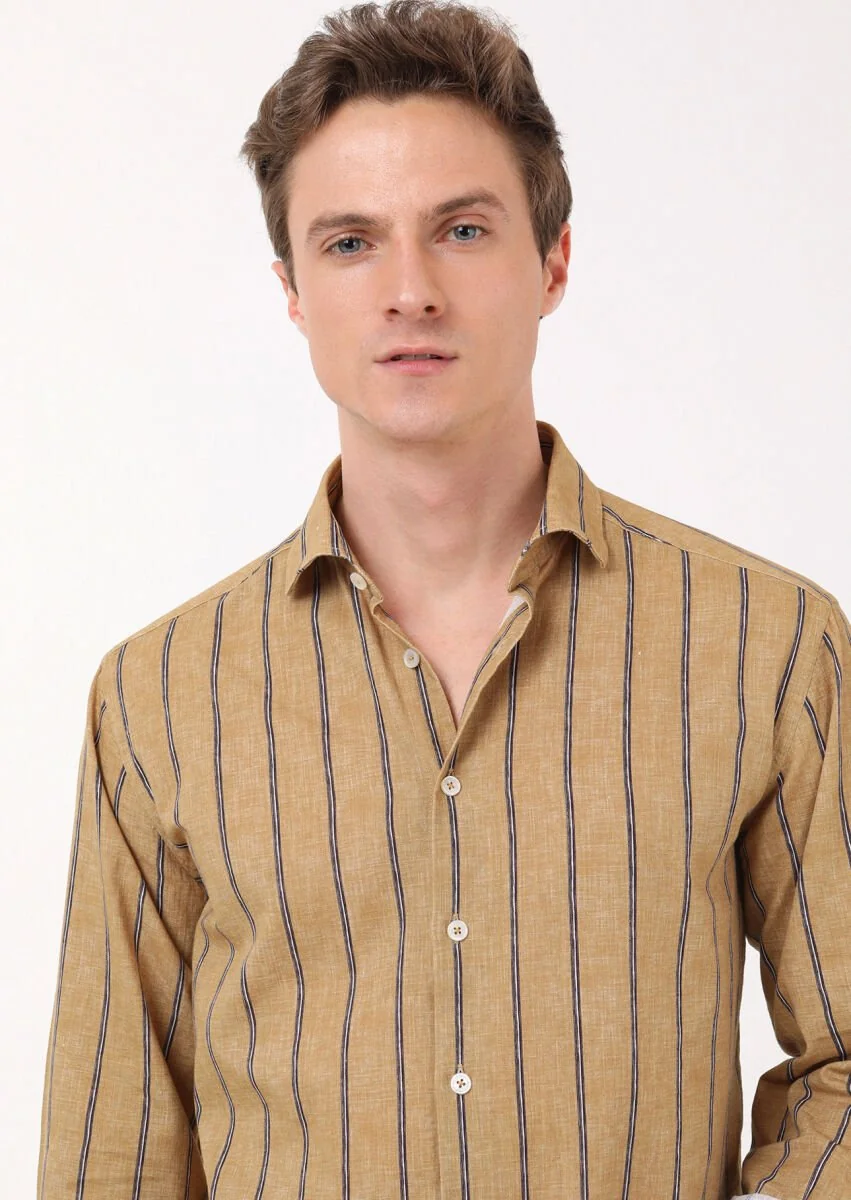 Deve Tüyü Baskılı Regular Fit Dokuma Casual %100 Pamuk Gömlek - 3