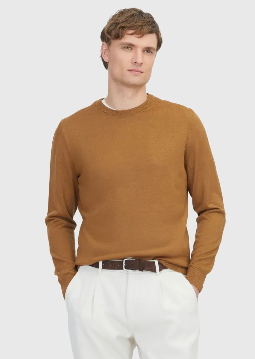 Deve Tüyü Bisiklet Yaka Düz Örgü Yün Karışımlı Triko Kazak - 1