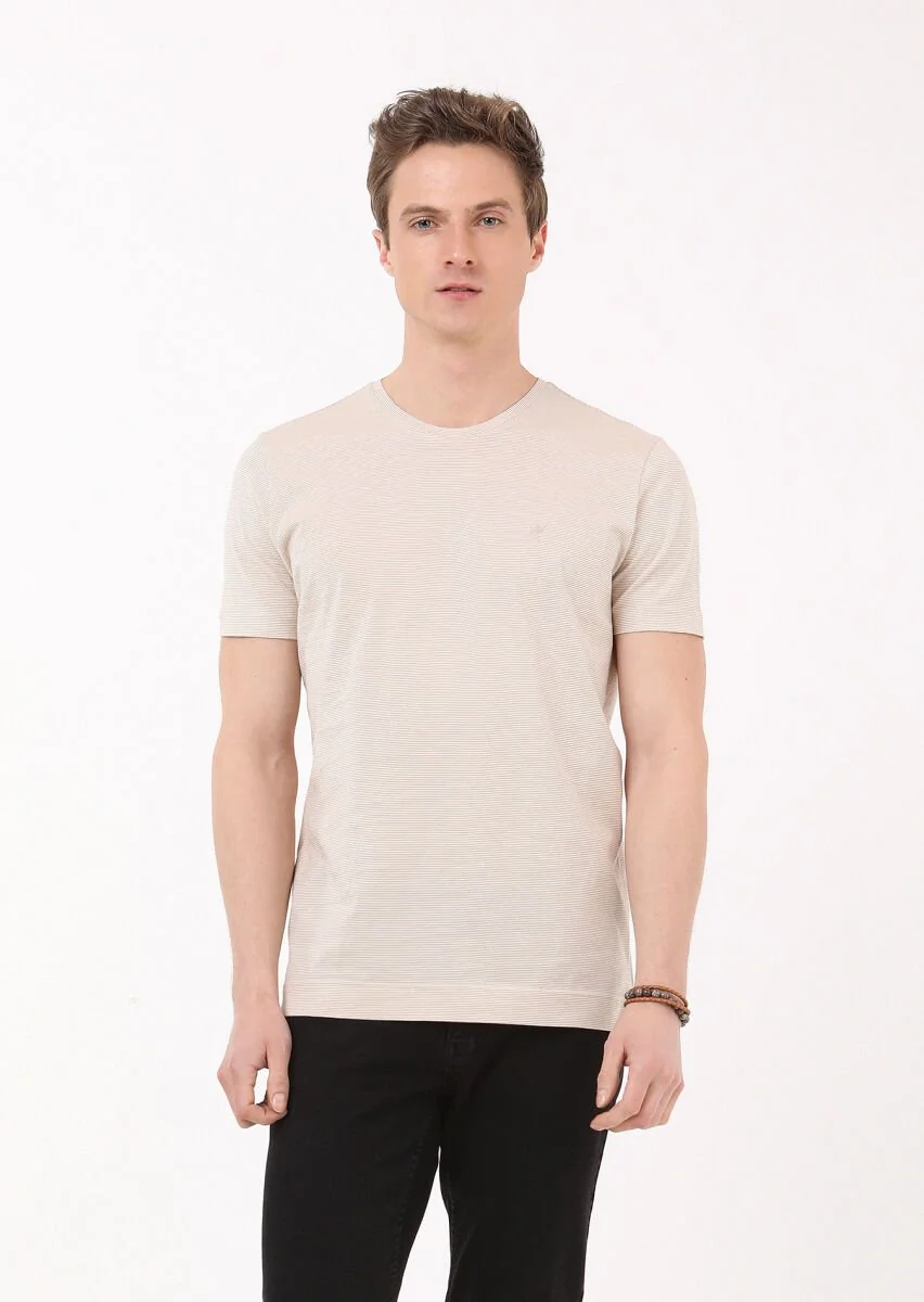 Deve Tüyü Çizgili Bisiklet Yaka %100 Pamuk T-Shirt - 1