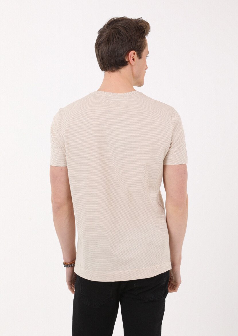 Deve Tüyü Çizgili Bisiklet Yaka %100 Pamuk T-Shirt - 5