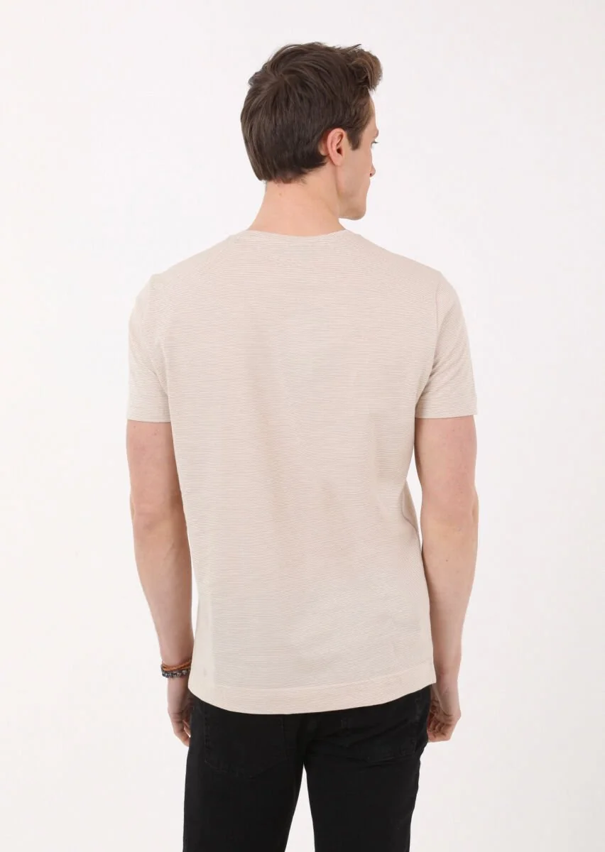 Deve Tüyü Çizgili Bisiklet Yaka %100 Pamuk T-Shirt - 5