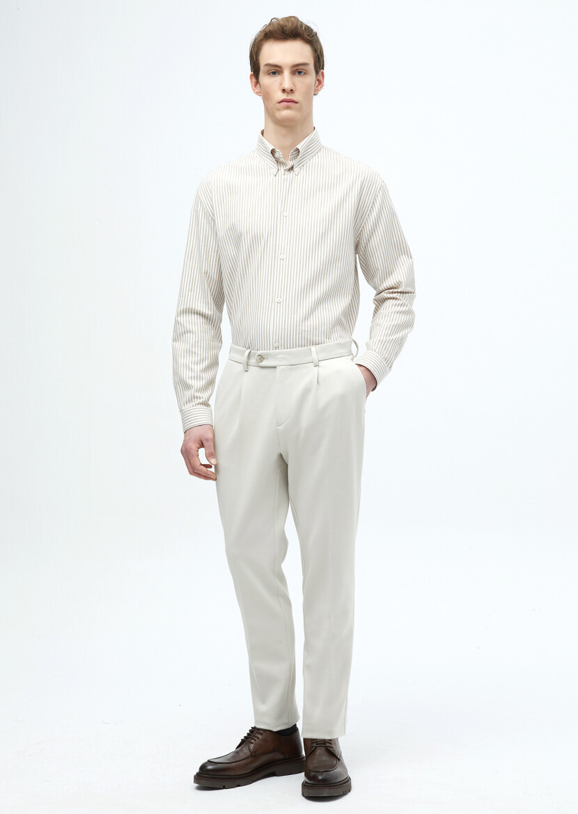 Deve Tüyü Çizgili Loose Fit Dokuma Casual Pamuk Karışımlı Gömlek 