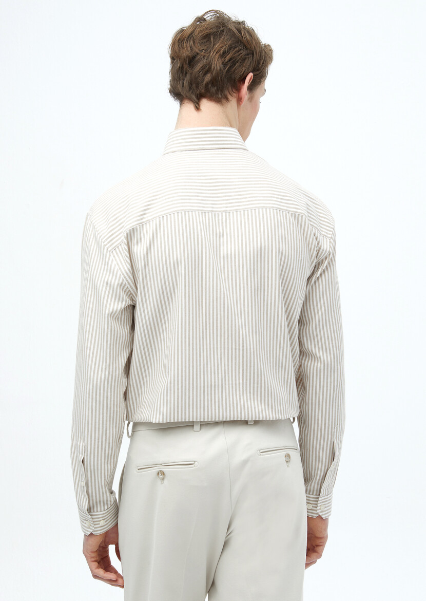 Deve Tüyü Çizgili Loose Fit Uzun Dokuma Casual Pamuk Karışımlı Gömlek - 5