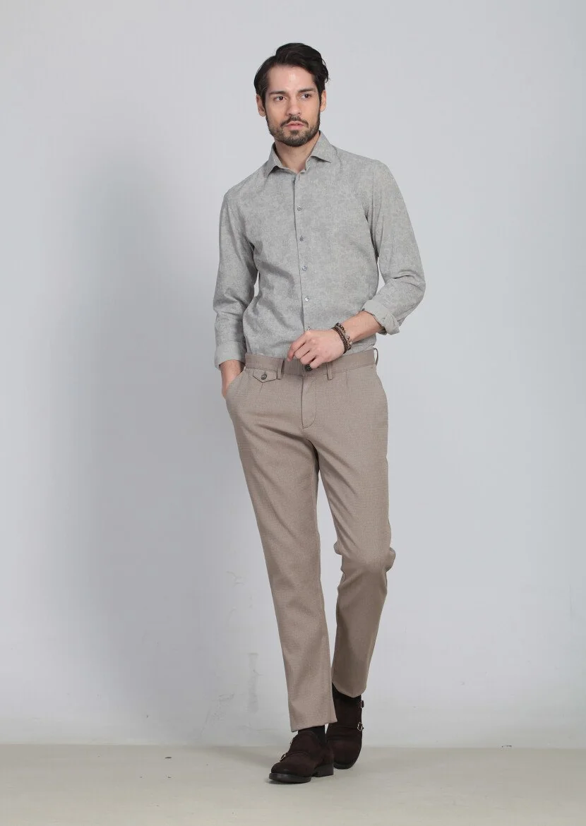 Deve Tüyü Desenli Dokuma Regular Fit Casual Pamuk Karışımlı Pantolon - 2