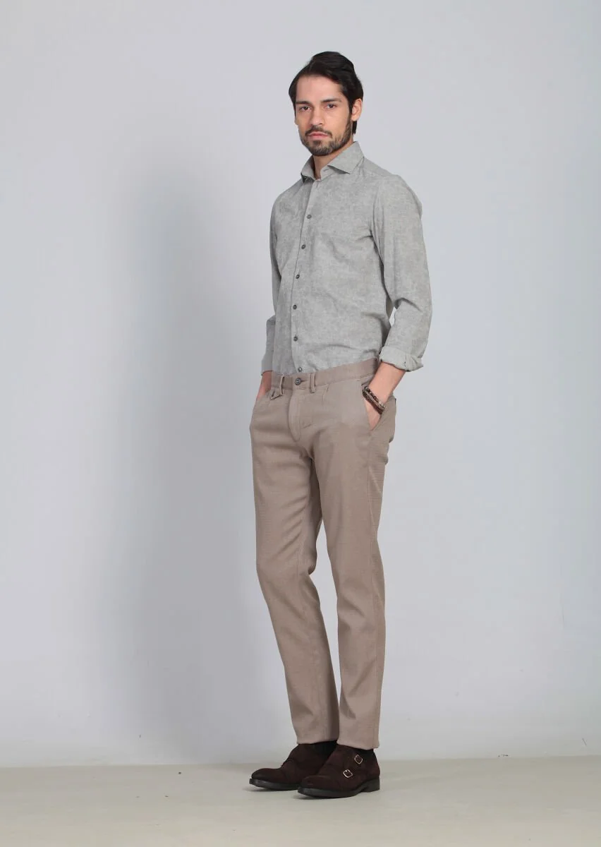 Deve Tüyü Desenli Dokuma Regular Fit Casual Pamuk Karışımlı Pantolon - 3