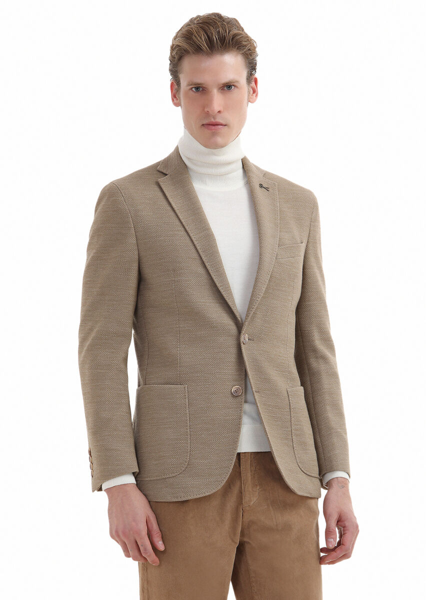 Deve Tüyü Desenli Shirt Shoulder Slim Fit Yün Karışımlı Örme Ceket - 2