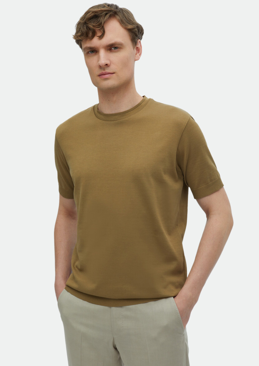 Deve Tüyü Düz Bisiklet Yaka %100 Pamuk T-Shirt 