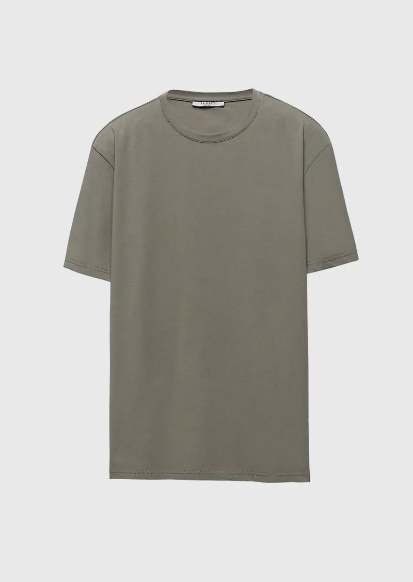 Deve Tüyü Düz Bisiklet Yaka Pamuk Karışımlı T-Shirt - 1