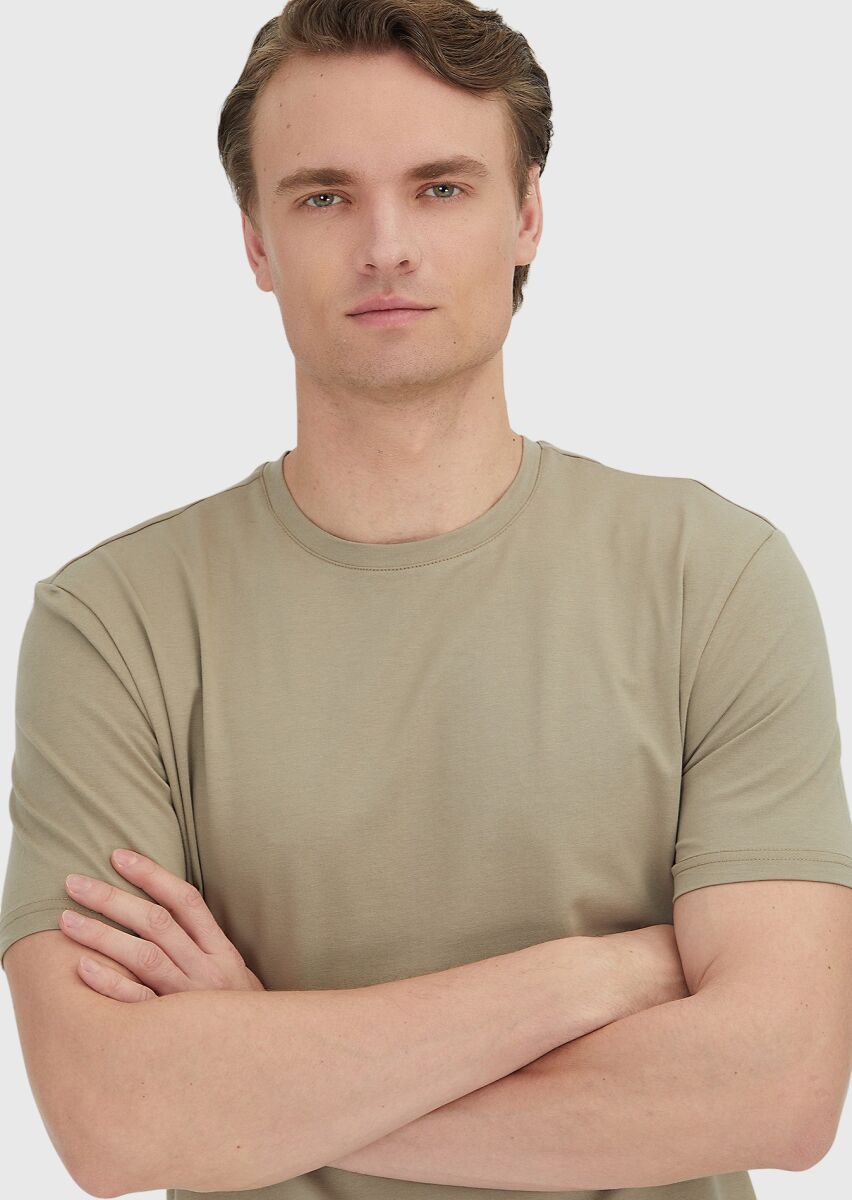 Deve Tüyü Düz Bisiklet Yaka Pamuk Karışımlı T-Shirt - 3