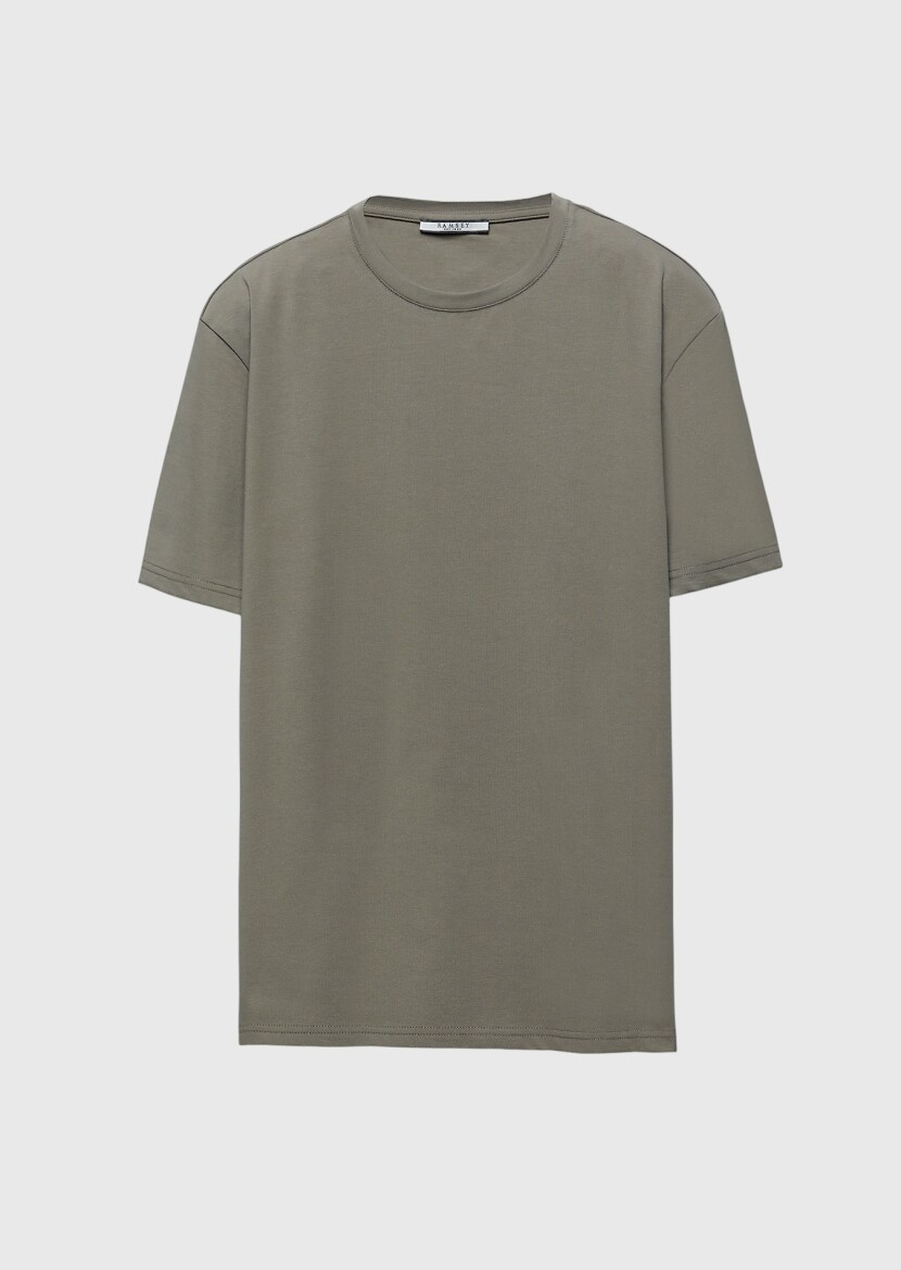 Deve Tüyü Düz Bisiklet Yaka Pamuk Karışımlı T-Shirt - 6