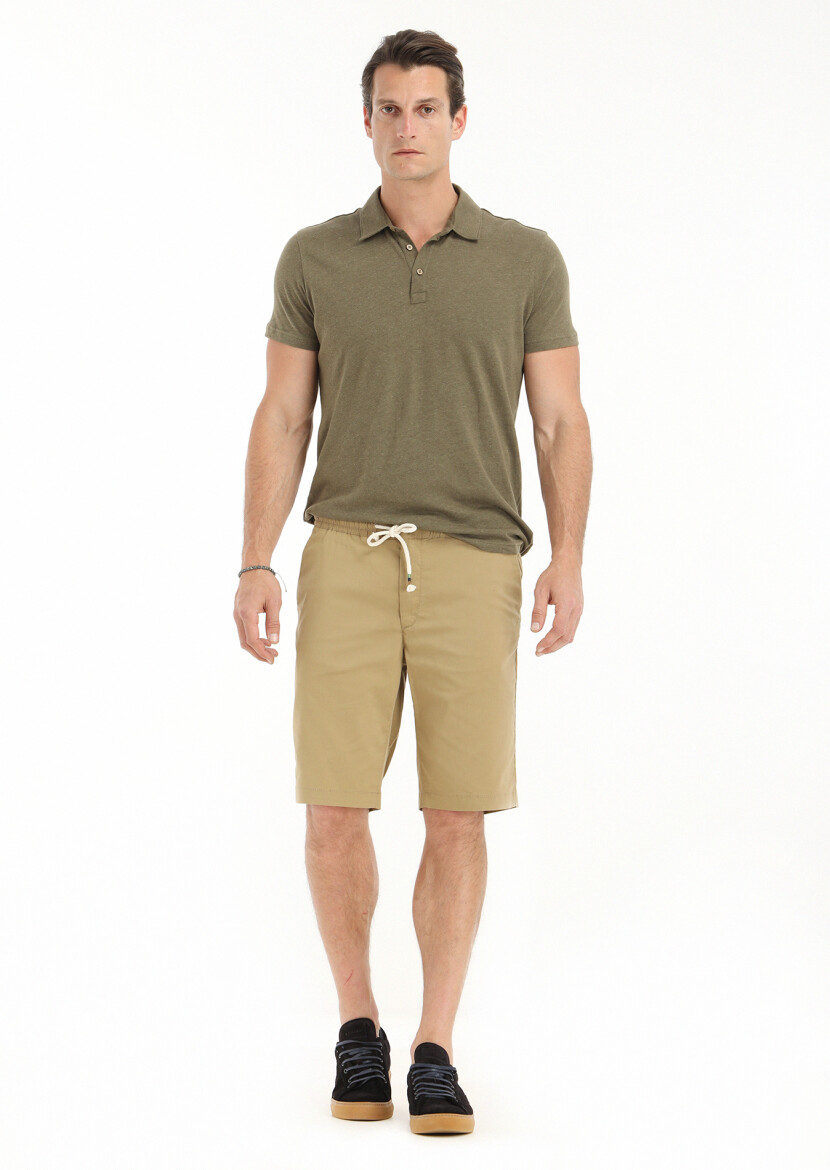 Deve Tüyü Düz Dokuma Regular Fit Casual Pamuk Karışımlı Bermuda - 1