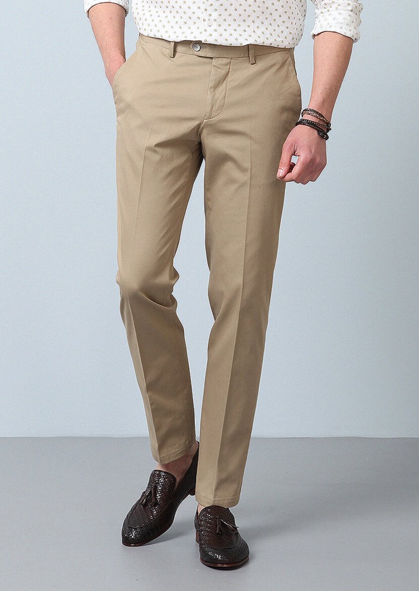 Deve Tüyü Düz Dokuma Regular Fit Smart Casual Pamuk Karışımlı Pantolon - 1