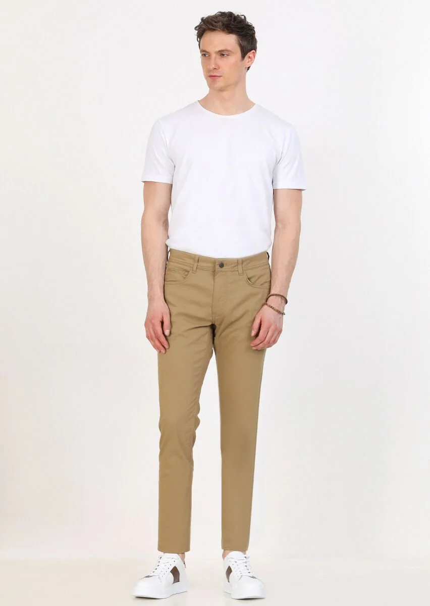Deve Tüyü Düz Dokuma Slim Fit Casual Pamuk Karışımlı Pantolon - 1