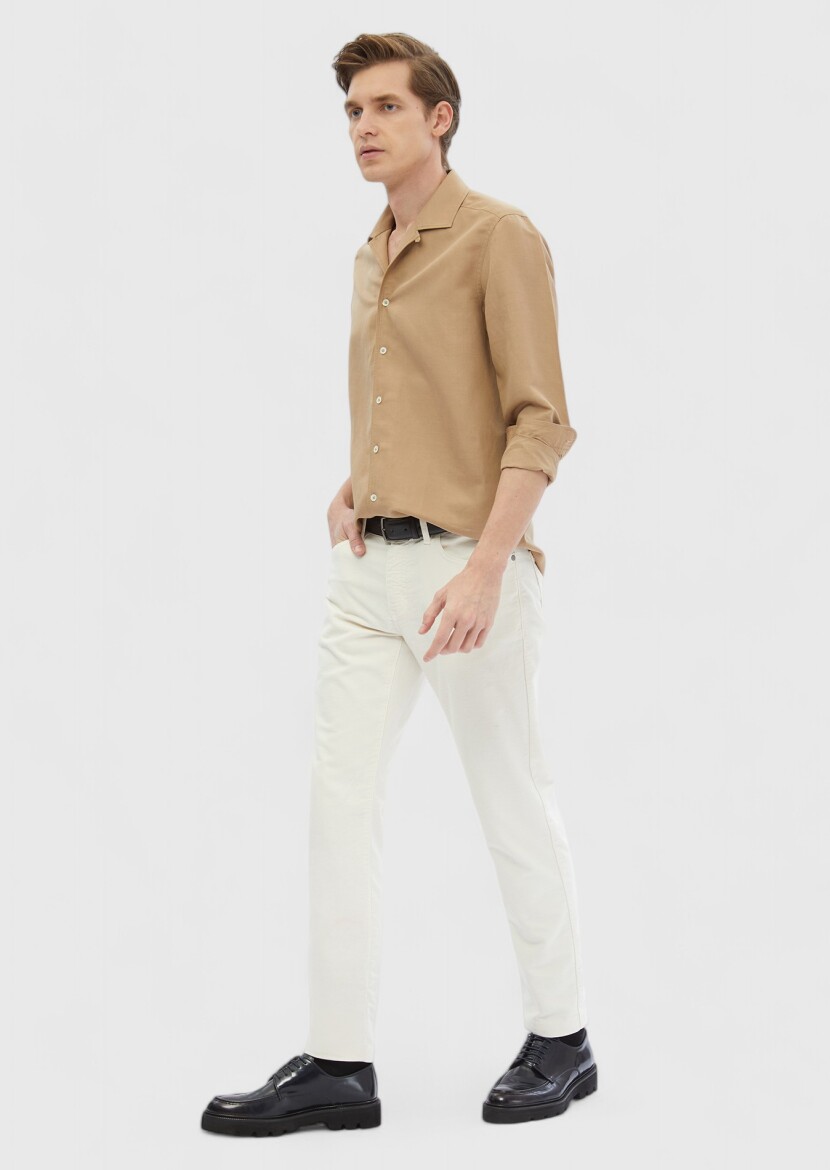 Deve Tüyü Düz Regular Fit Uzun Dokuma Casual Keten Karışımlı Gömlek - 3