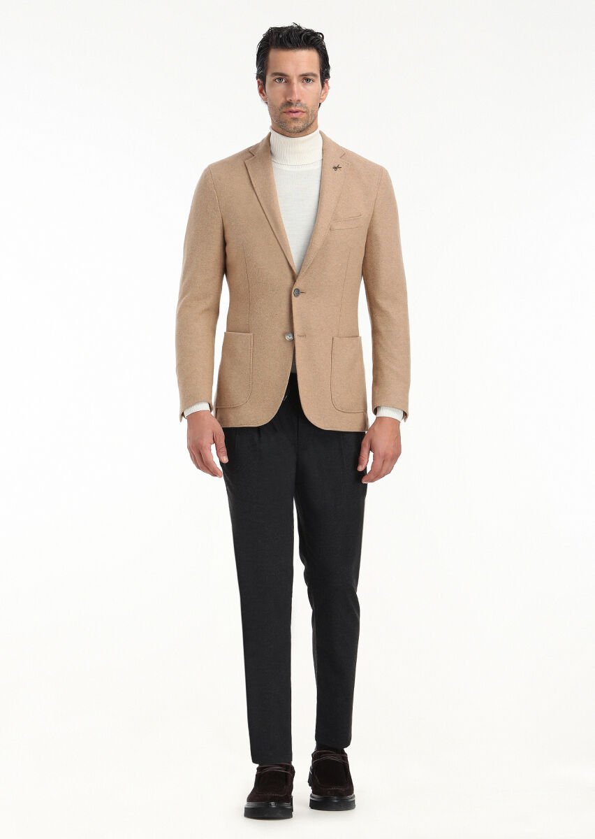 Deve Tüyü Düz Shirt Shoulder Slim Fit Yün Karışımlı Örme Ceket - 1