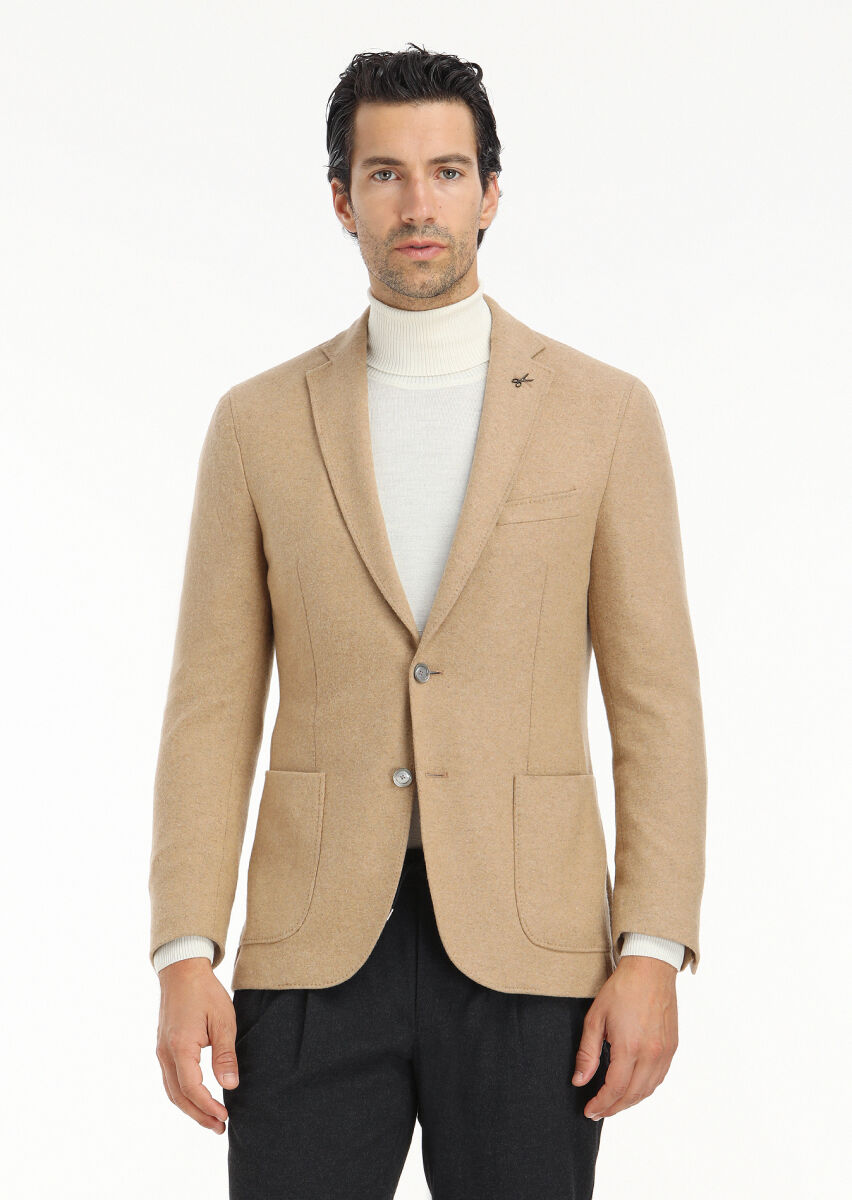 Deve Tüyü Düz Shirt Shoulder Slim Fit Yün Karışımlı Örme Ceket - 2