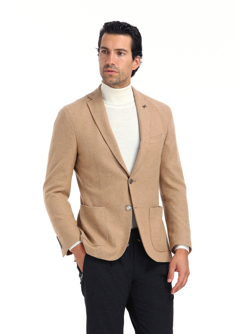 Deve Tüyü Düz Shirt Shoulder Slim Fit Yün Karışımlı Örme Ceket - 3