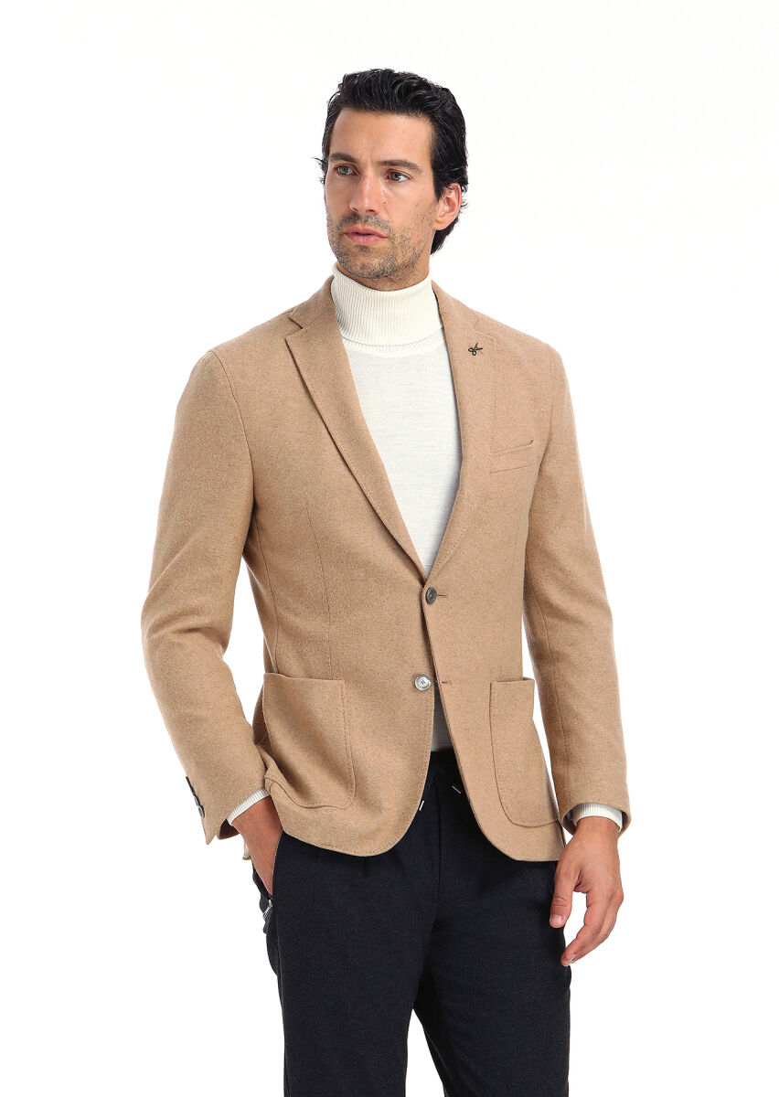 Deve Tüyü Düz Shirt Shoulder Slim Fit Yün Karışımlı Örme Ceket - 3