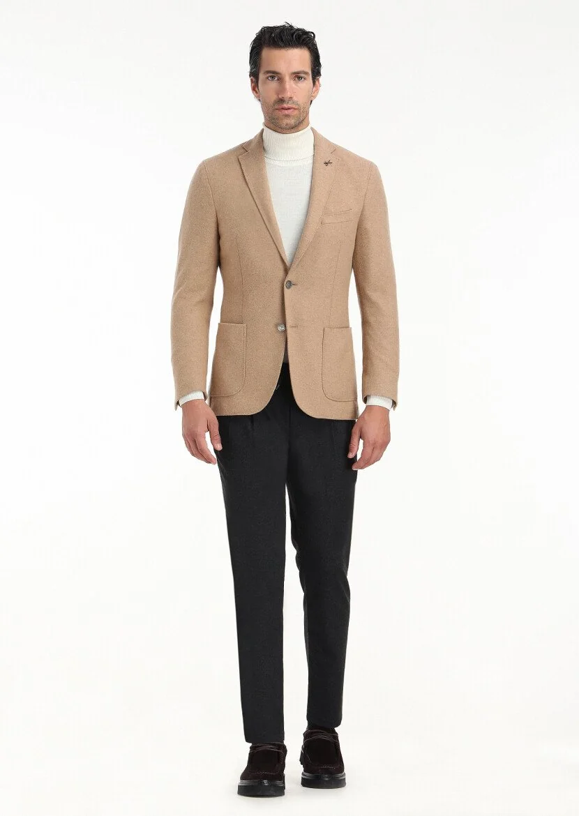 Deve Tüyü Düz Shirt Shoulder Slim Fit Yün Karışımlı Örme Ceket - 1