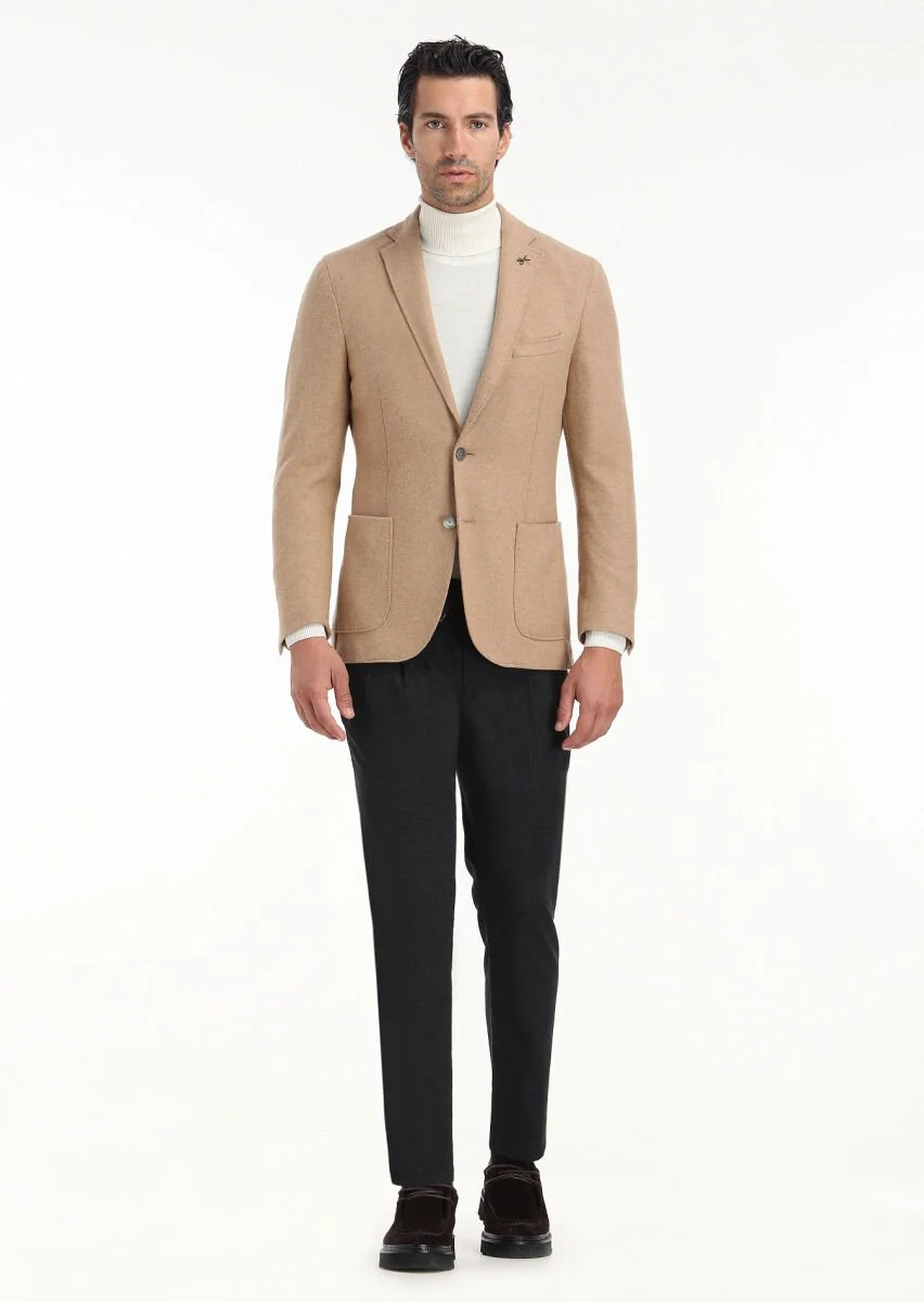 Deve Tüyü Düz Shirt Shoulder Slim Fit Yün Karışımlı Örme Ceket - 1