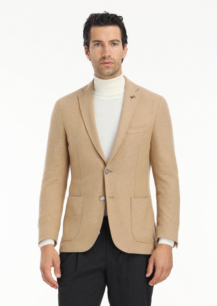 Deve Tüyü Düz Shirt Shoulder Slim Fit Yün Karışımlı Örme Ceket - 2
