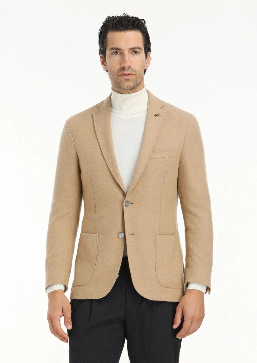 Deve Tüyü Düz Shirt Shoulder Slim Fit Yün Karışımlı Örme Ceket - 2