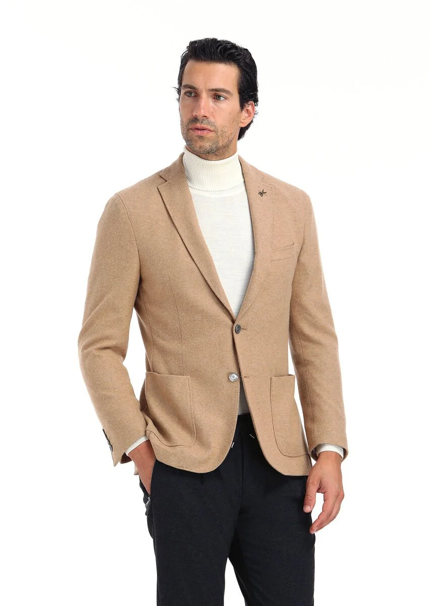 Deve Tüyü Düz Shirt Shoulder Slim Fit Yün Karışımlı Örme Ceket - 3