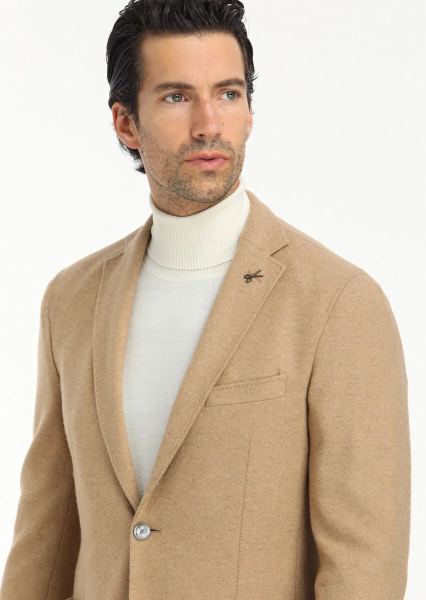 Deve Tüyü Düz Shirt Shoulder Slim Fit Yün Karışımlı Örme Ceket - 4